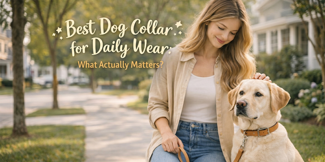Dog wearing a comfortable daily-wear collar while standing calmly beside an owner
