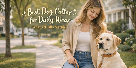 Dog wearing a comfortable daily-wear collar while standing calmly beside an owner
