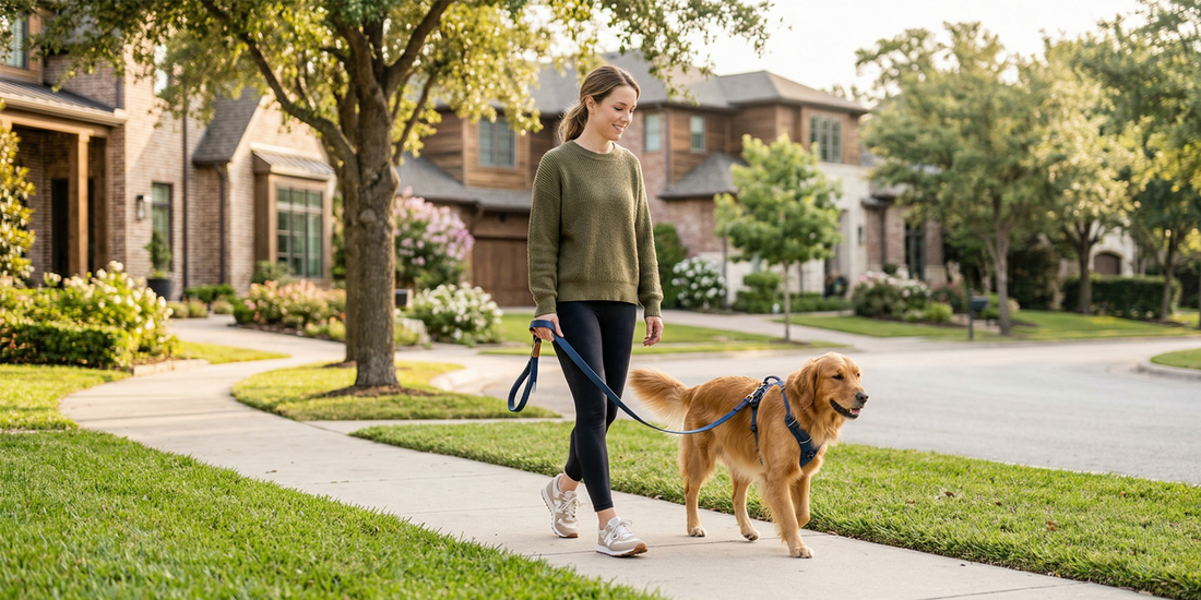 Owner walking a dog calmly on an everyday neighborhood walk with a comfortable leash