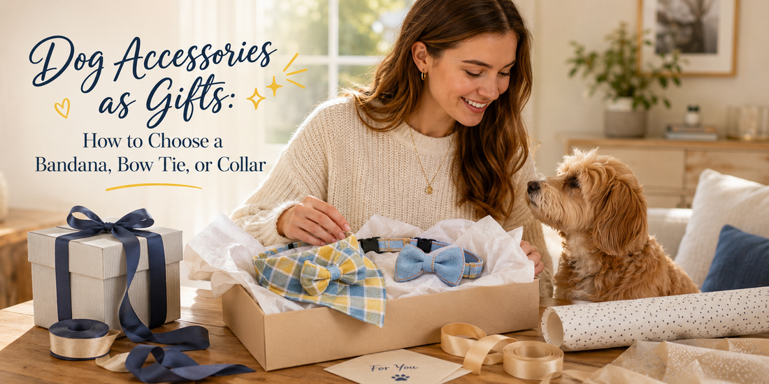Dog accessory gift idea with a bandana and bow tie in a thoughtful gift setting