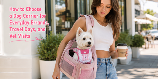 Owner carrying a small dog in a practical carrier during an everyday errand