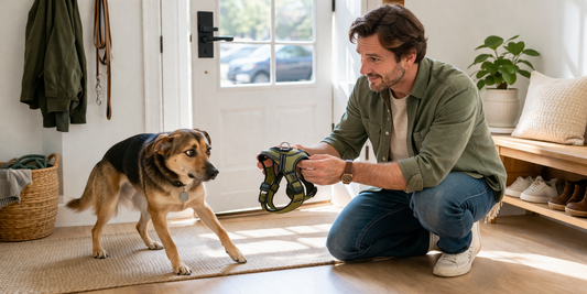 Dog hesitating while an owner calmly prepares a harness before a walk