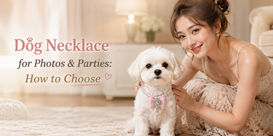 Dog wearing a decorative necklace for a photo-ready special moment