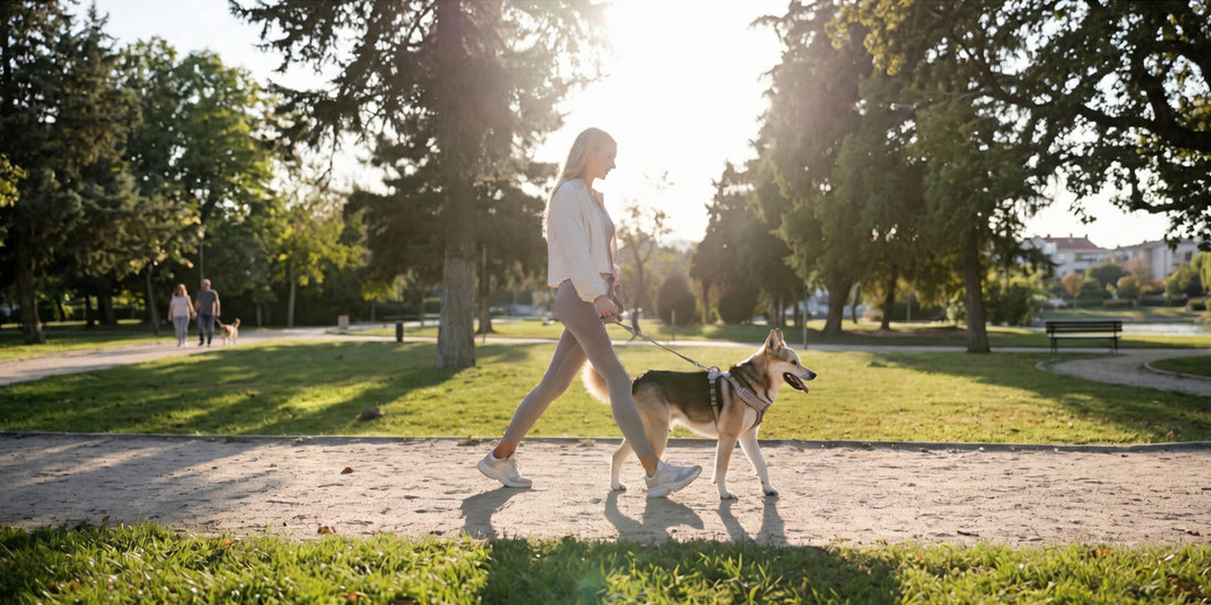 Dog wearing a front-clip harness during an everyday walk