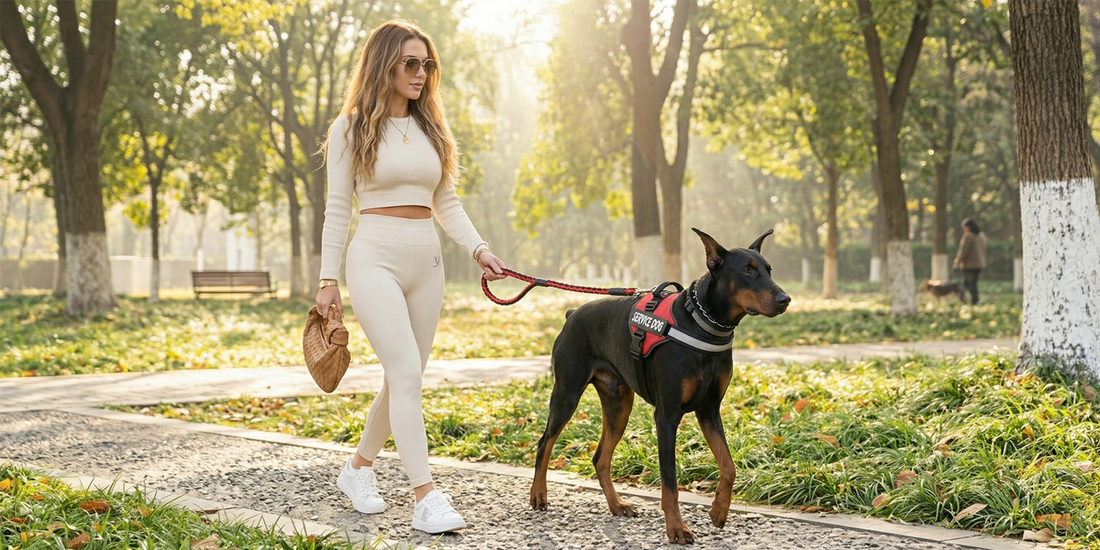 Dog wearing a comfortable harness that is easy to use for everyday walks