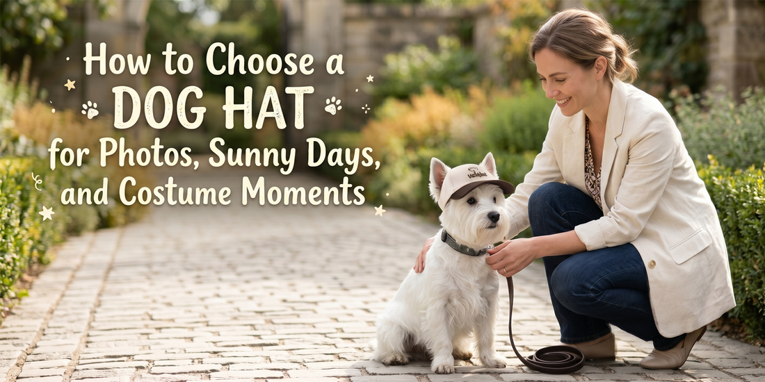 Owner outdoors with a dog wearing a stylish and practical hat in a bright everyday setting
