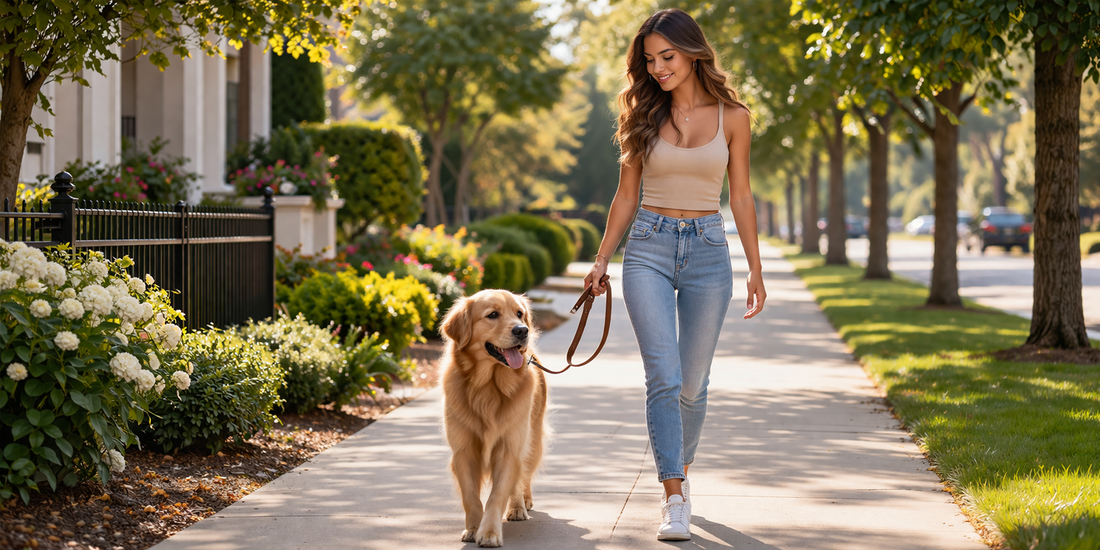Owner walking a dog calmly on an everyday walk while using a practical collar setup