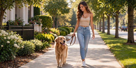 Owner walking a dog calmly on an everyday walk while using a practical collar setup