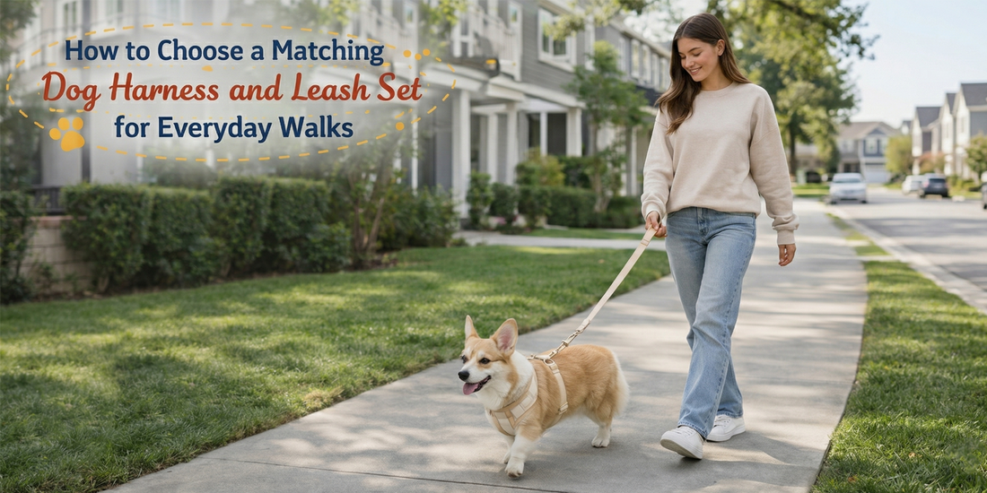 Owner walking a dog in a matching harness and leash set on a calm everyday walk