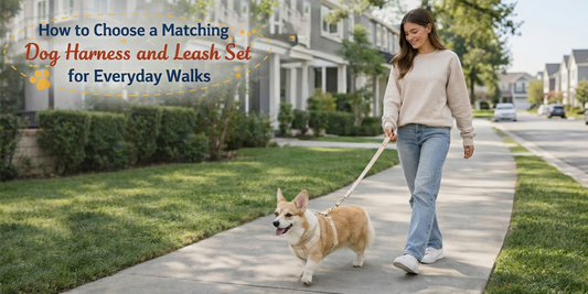 Owner walking a dog in a matching harness and leash set on a calm everyday walk
