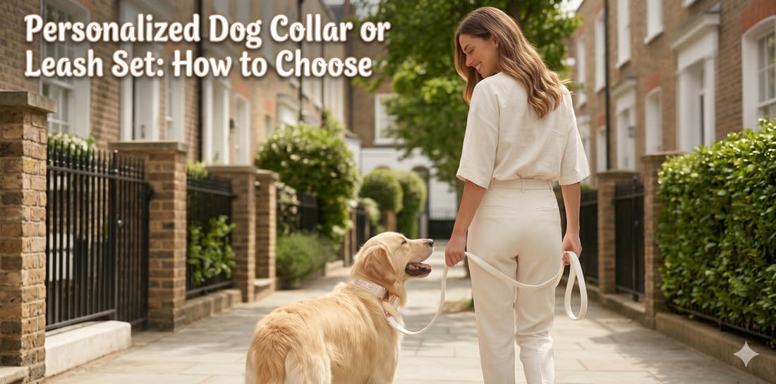 Owner walking a dog wearing a personalized collar and leash setup during a calm everyday outing