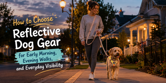 Owner walking a dog in reflective gear during an early morning or evening neighborhood walk