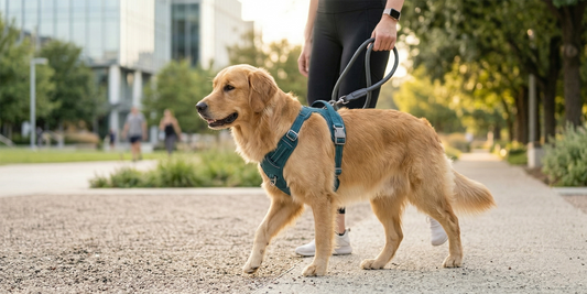 Dog wearing a comfortable harness for everyday walks