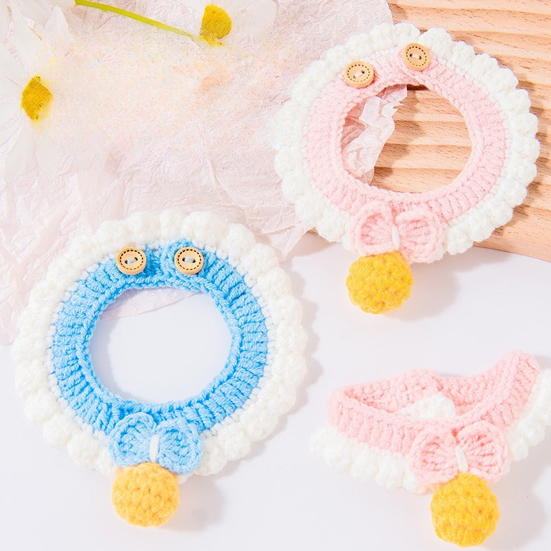 Hand-Knitted Bow & Bell Dog Necklace