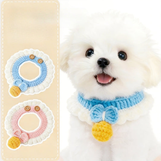 Hand-Knitted Bow & Bell Dog Necklace