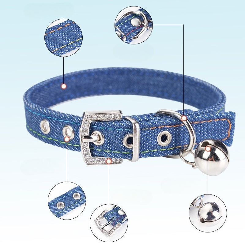 Denim Rhinestone Dog Collar with Bell