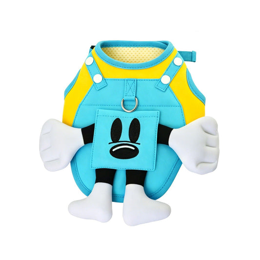 Blue and yellow dog harness with cartoon face design on a white background