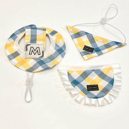 Plaid Hat, Bib & Bandana Set – Yellow & Blue