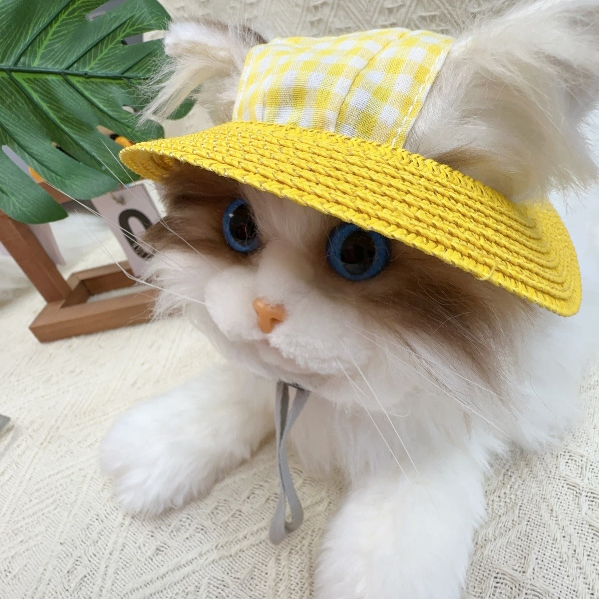Gingham Straw Dog Hat