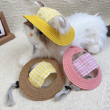 Gingham Straw Dog Hat