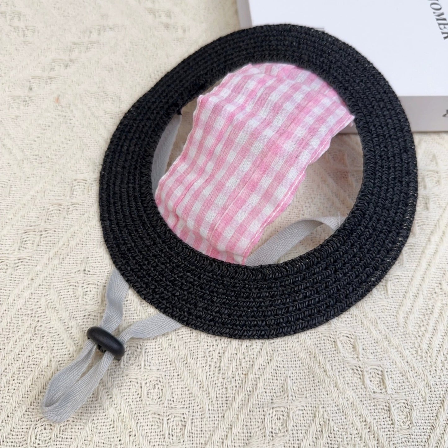 Gingham Straw Dog Hat