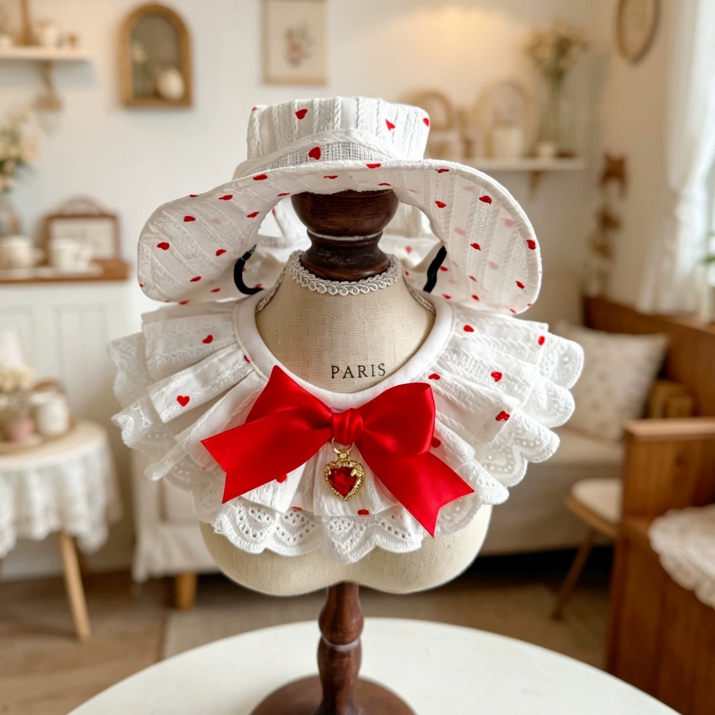 Heart Print Hat, Collar & Bib Set – White