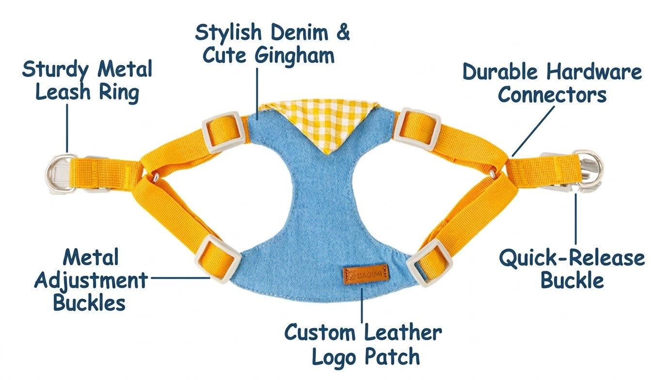 Denim & Gingham Harness & Leash Set