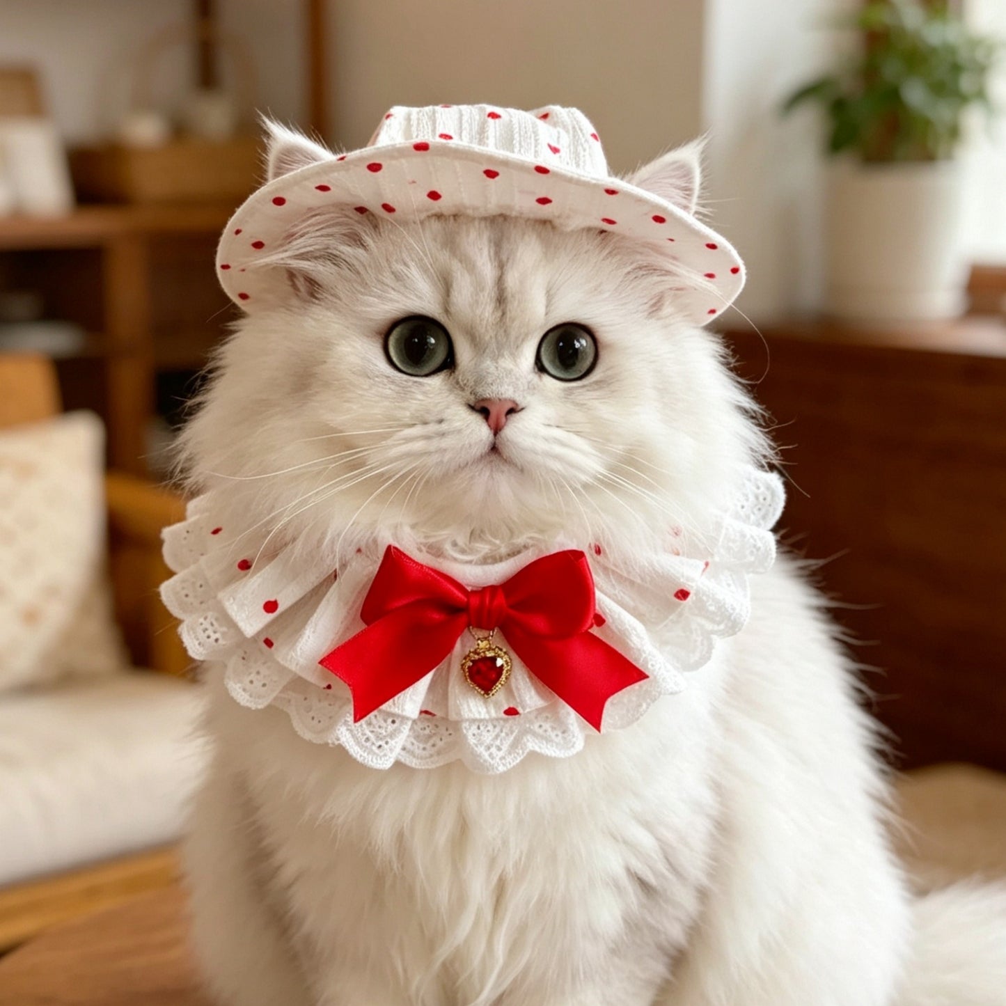 Heart Print Hat, Collar & Bib Set – White