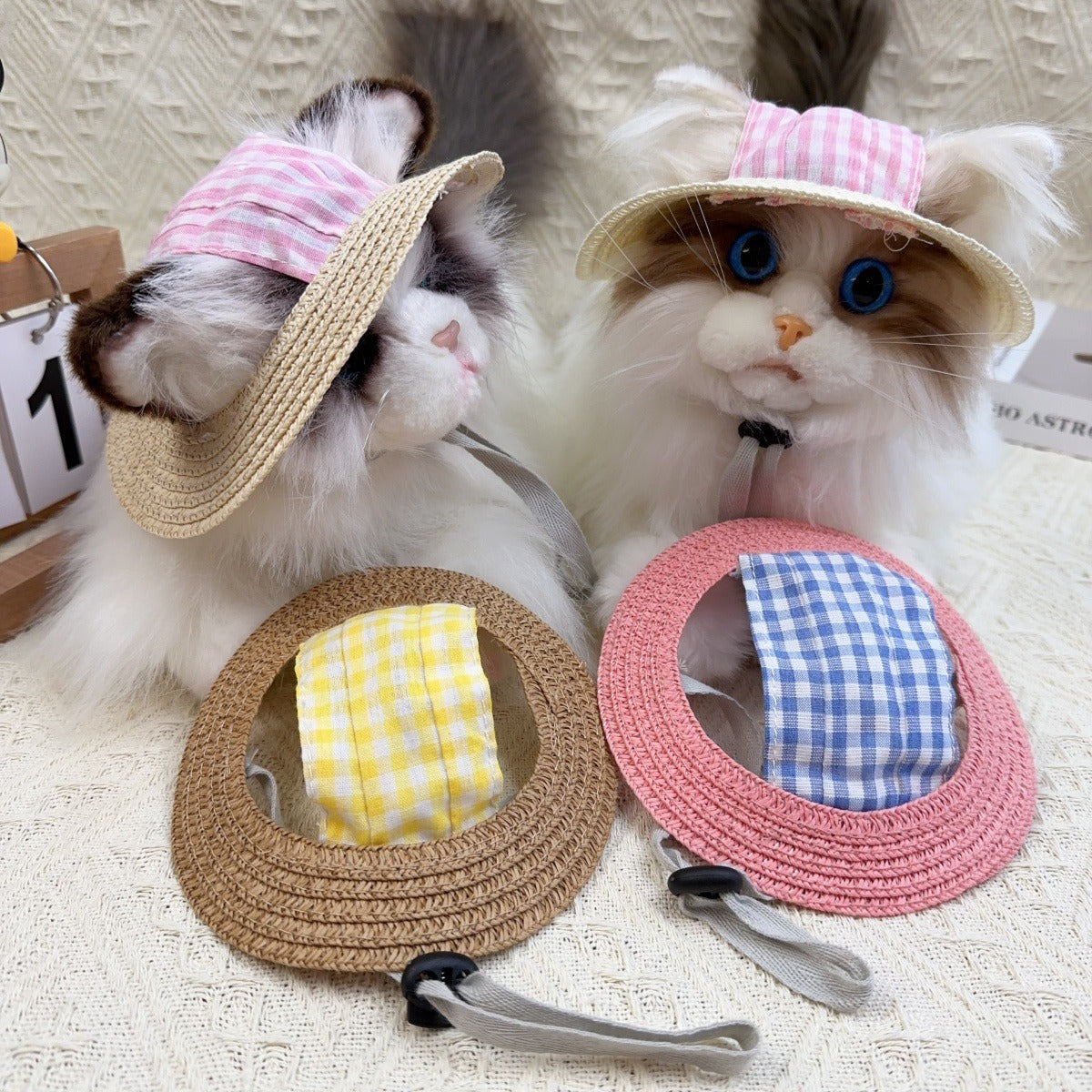 Gingham Straw Dog Hat