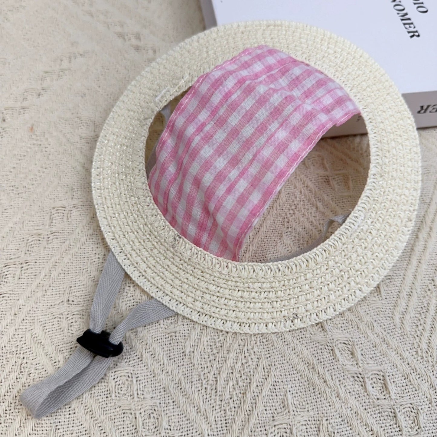 Gingham Straw Dog Hat