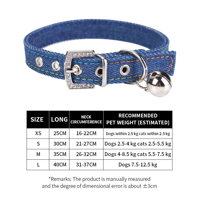 Denim Rhinestone Dog Collar with Bell