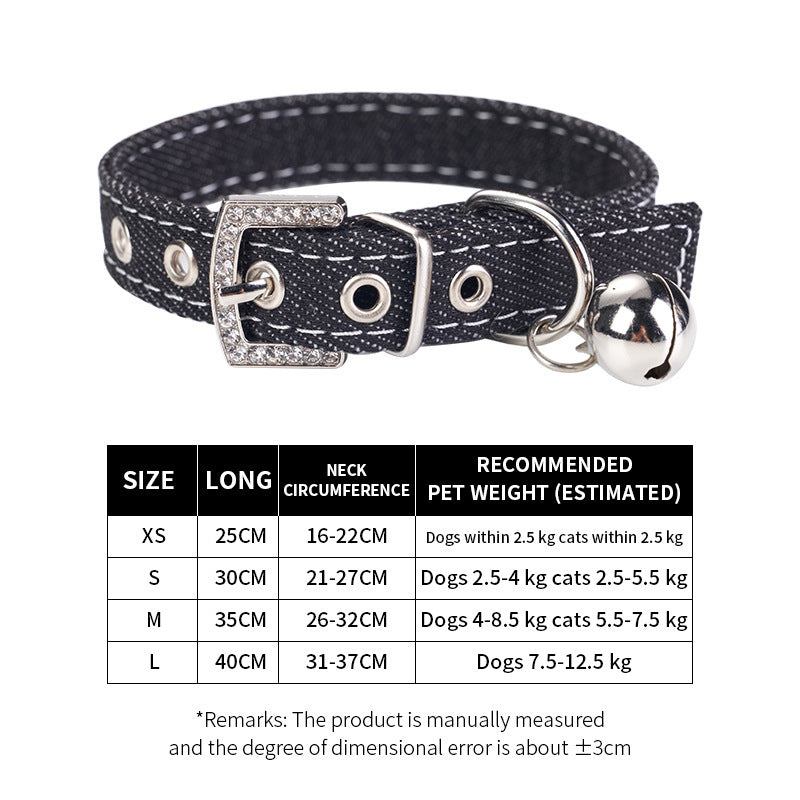 Denim Rhinestone Dog Collar with Bell