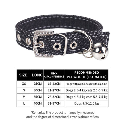 Denim Rhinestone Dog Collar with Bell