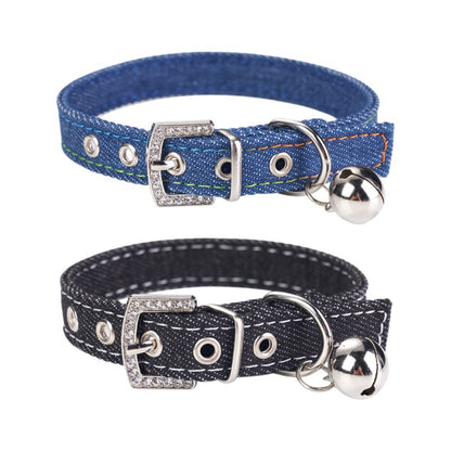 Denim Rhinestone Dog Collar with Bell