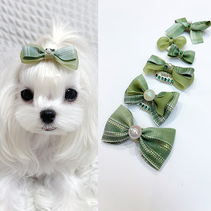 Green Pattern Bow Dog Hair Clips – Green