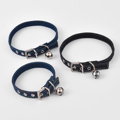 Denim Rhinestone Dog Collar with Bell