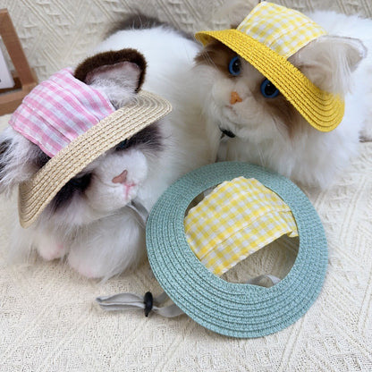 Gingham Straw Dog Hat