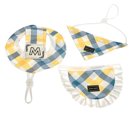 Plaid Hat, Bib & Bandana Set – Yellow & Blue