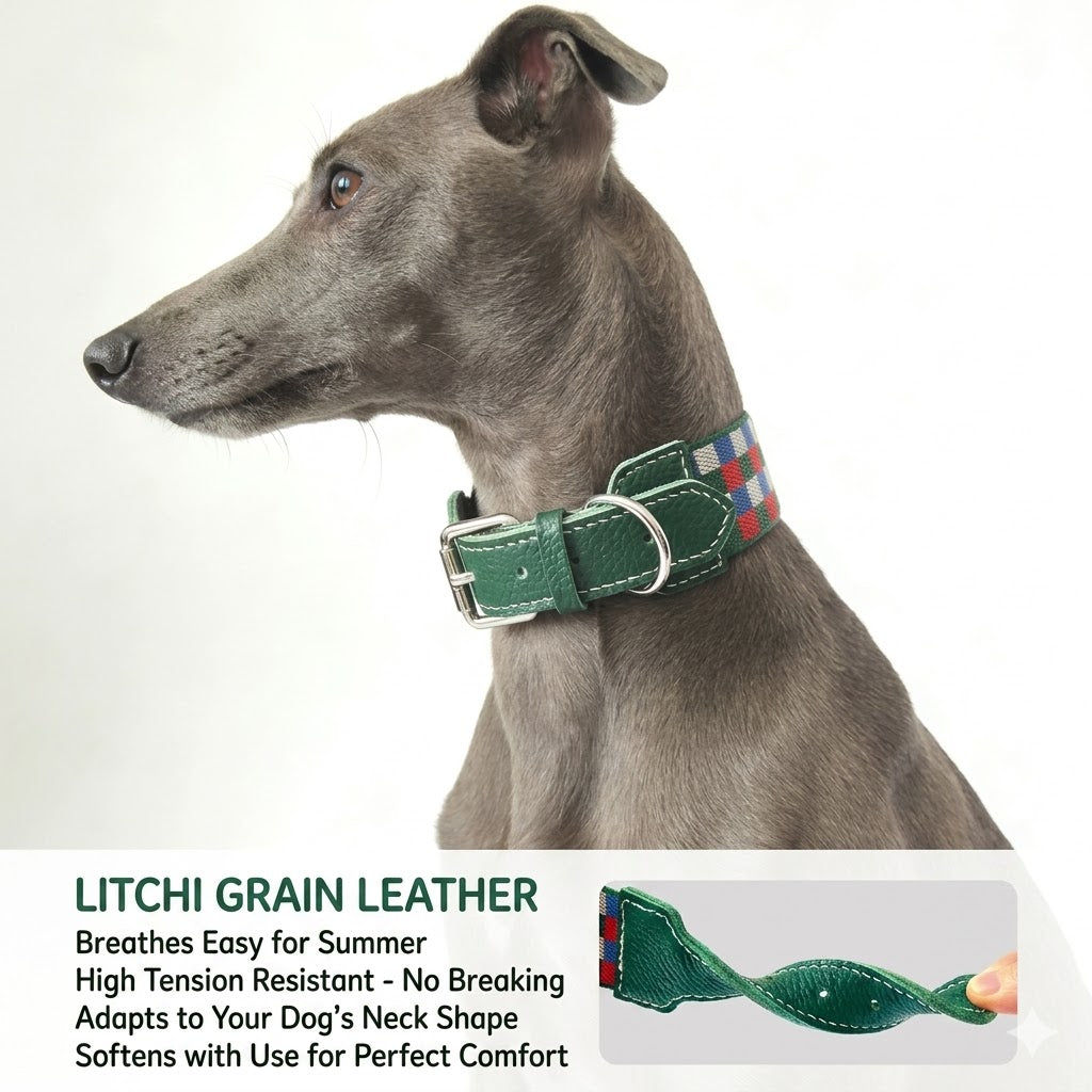Plaid Leather Wide Dog Collar