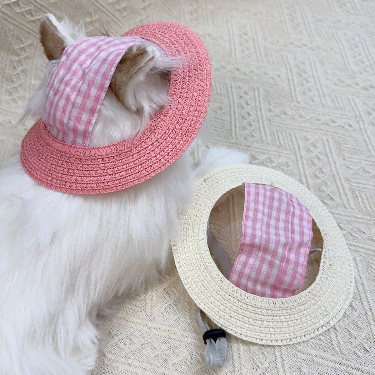 Gingham Straw Dog Hat