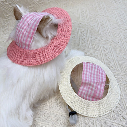 Gingham Straw Dog Hat