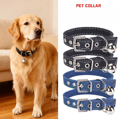 Denim Rhinestone Dog Collar with Bell
