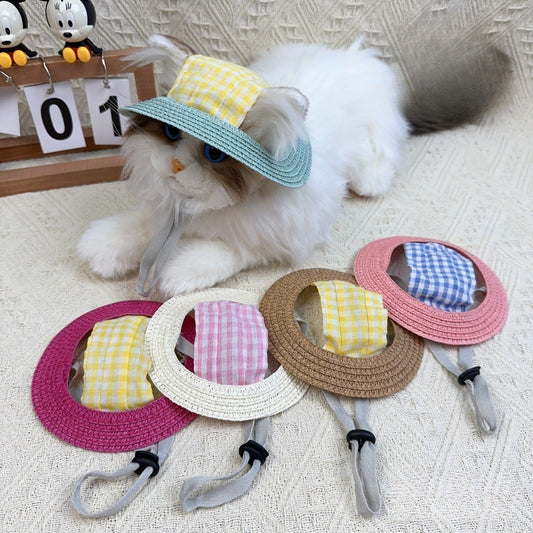 Gingham Straw Dog Hat
