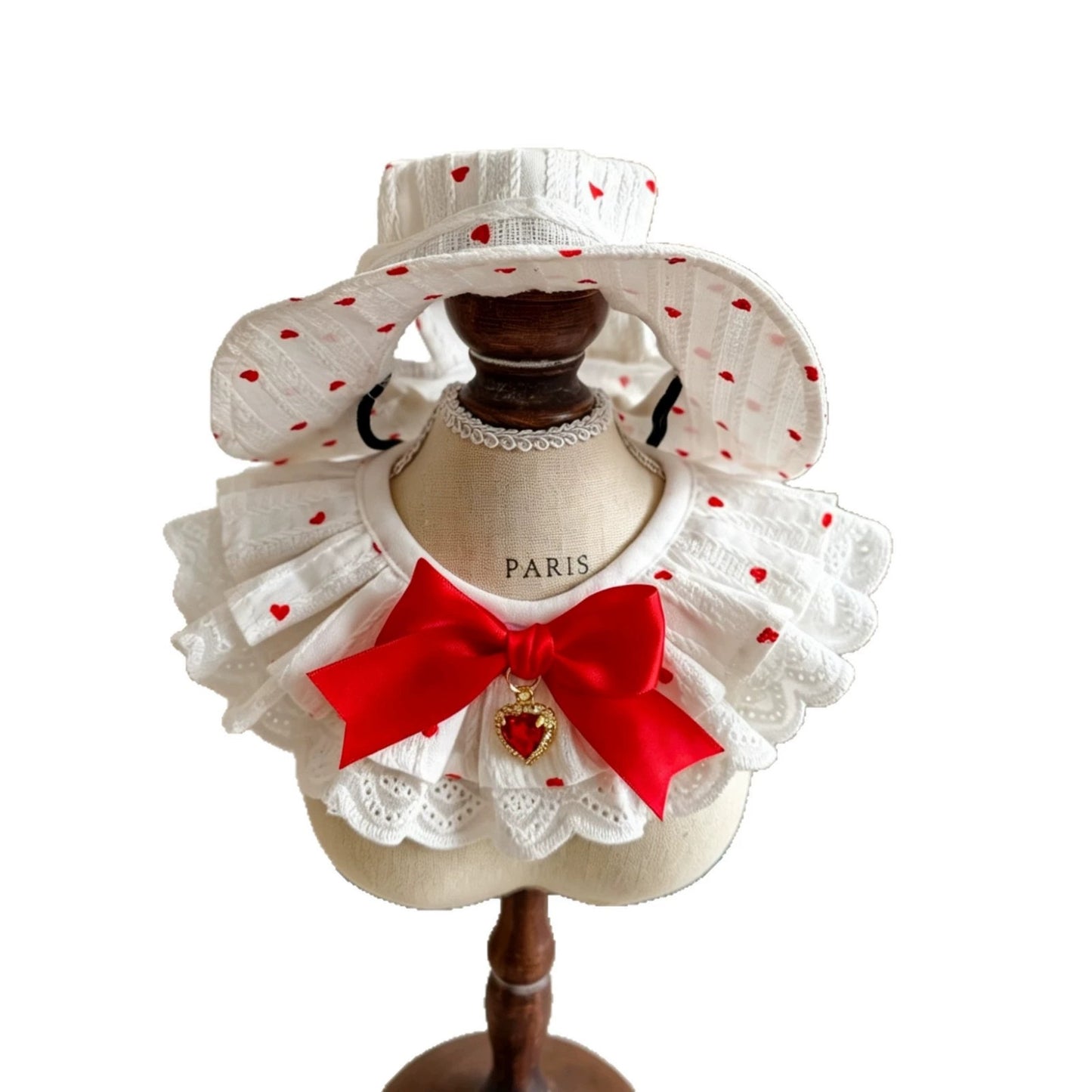 Heart Print Hat, Collar & Bib Set – White