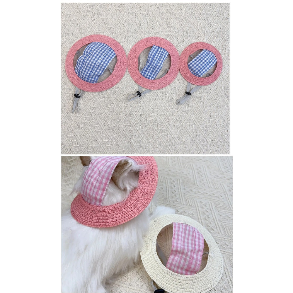 Gingham Straw Dog Hat