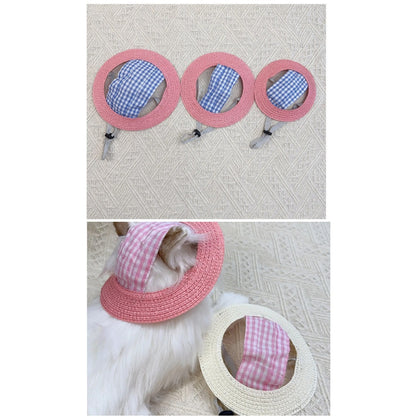 Gingham Straw Dog Hat
