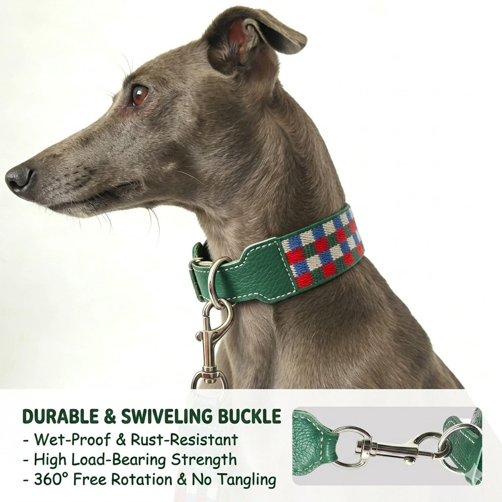 Plaid Leather Wide Dog Collar