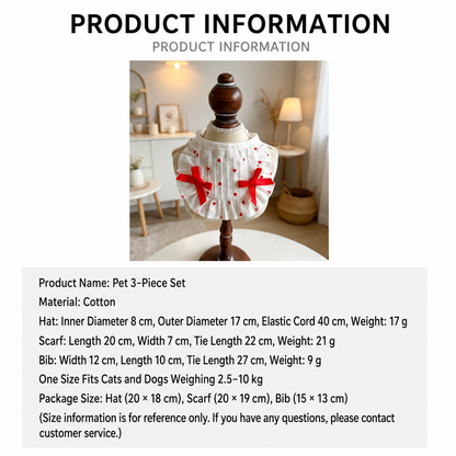 Heart Print Hat, Collar & Bib Set – White