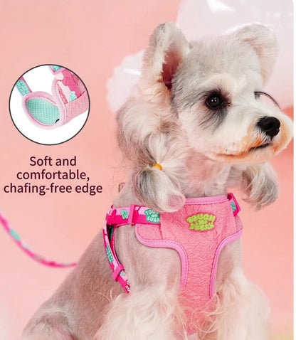 Dog wearing a pink harness with text about full-encirclement wrap and soft support.