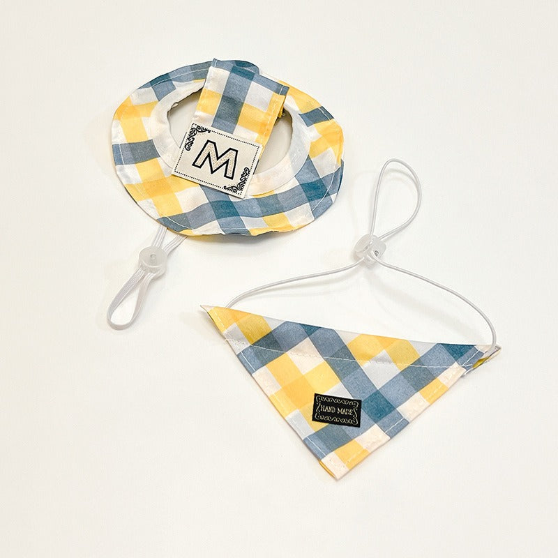 Plaid Hat, Bib & Bandana Set – Yellow & Blue